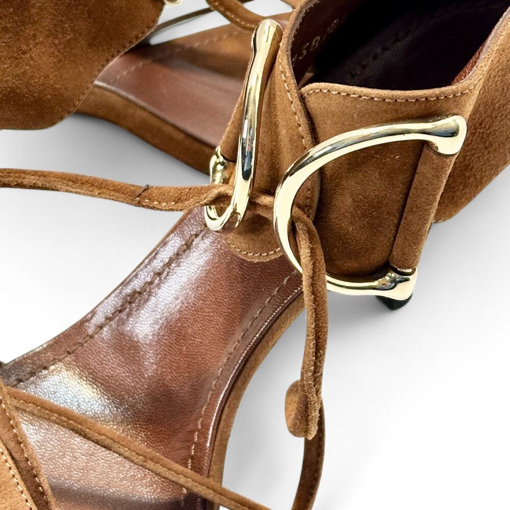 Gucci Vintage Y2K Horsebit Suede Sandals Lace Up Stiletto Heels Cognac Brown 7.5 - Picture 7 of 13